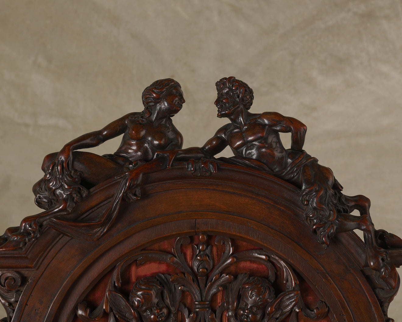 EXCEPTIONAL CARVED HALL CHAIR WITH SATYR AND SATYRESS